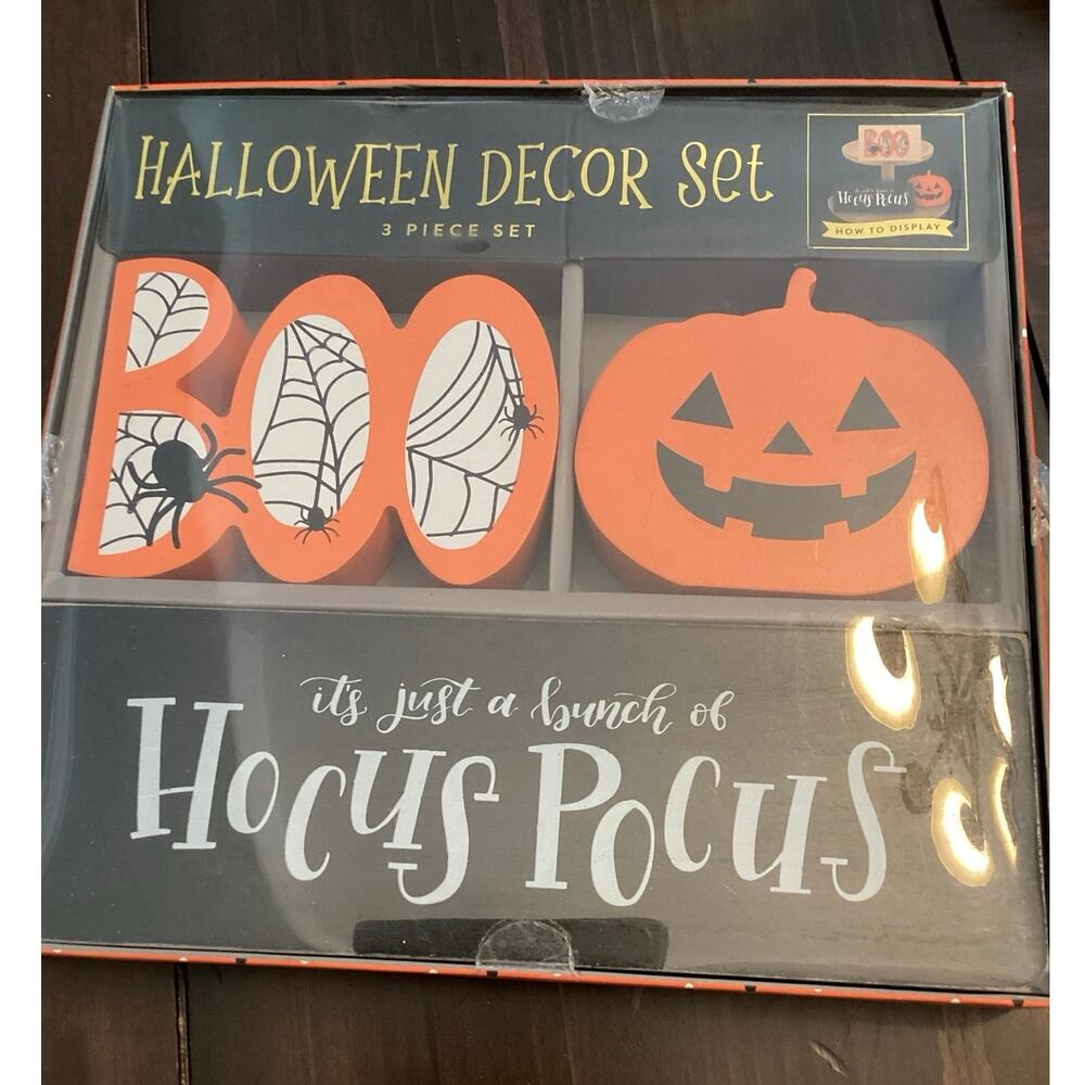 NIB Eccolo 3-piece Halloween Decor Set Jack-o-lantern Hocus Pocus Boo Spiderweb